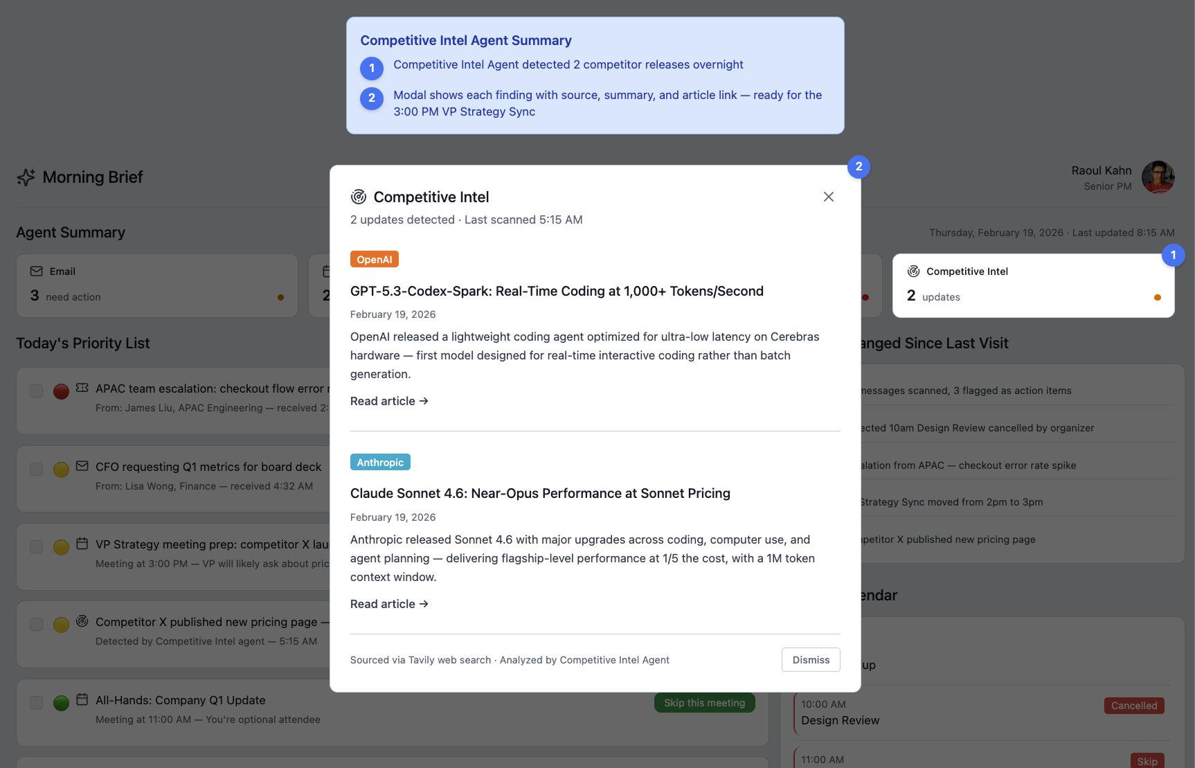 Competitive Intel modal showing 2 competitor releases with summaries and links